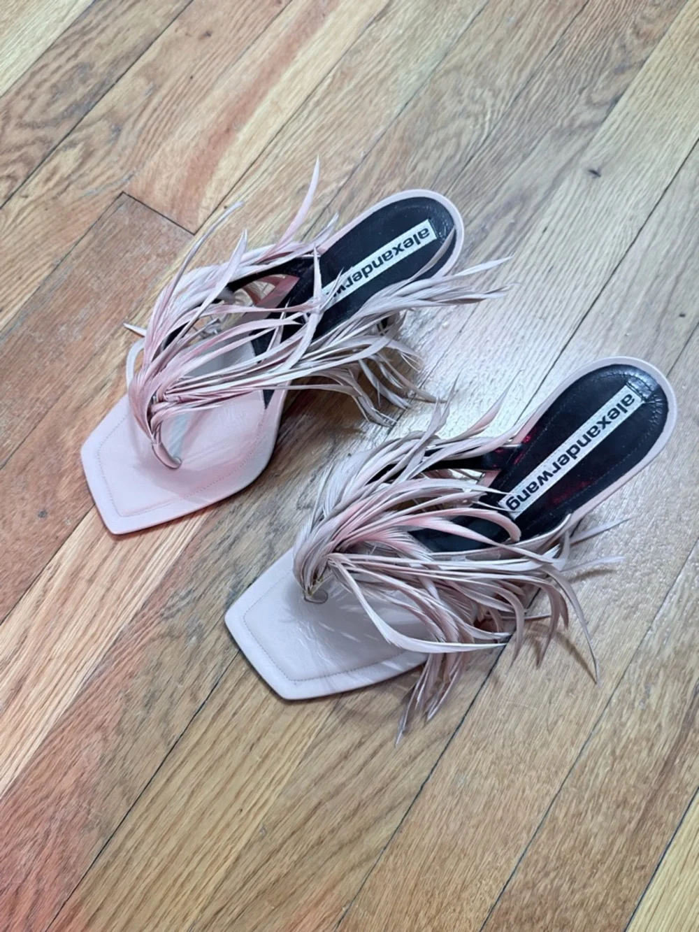 Alexander Wang Ivy Feather Sandal Nude Pink Square-Toe Mules Heels Size 39 - Picture 8 of 8